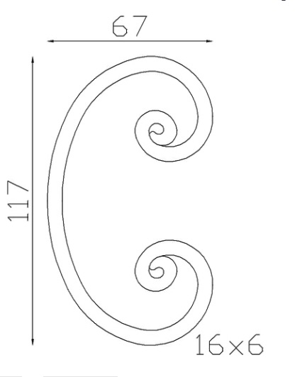 Volute en C finition noyau, en fer forgé. Hauteur 117mm Largeur 67mm section en fer plat de  16x6mm. Fixation par soudure. Permet de décorer votre fabrication en fer forgé, portail, clôture, pergola, mais également permet de renforcer la sécurité, en diminuant le vide entre barreau, ou d'augmenter le soutien. Fourni brut, à peindre ou à vernir pour protéger contre la corrosion. Peut être présentée à l'horizontal ou à la vertical.