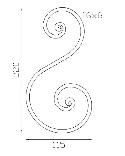 Volute inégale en S finition à noyau, en fer forgé. Hauteur 220mm largeur 115mm profilé en fer plat de 16x6mm. Fixation par soudure. Permet de décorer votre fabrication en fer forgé, portail, clôture, pergola, mais également permet de renforcer la sécurité, en diminuant le vide entre barreau, ou d'augmenter le soutien. Fourni brut, à peindre ou à vernir pour protéger contre la corrosion.