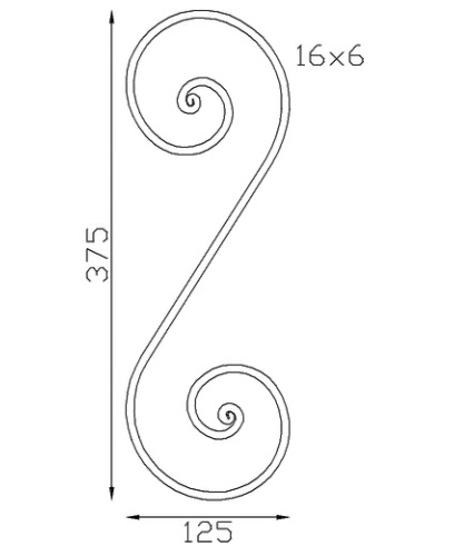 Volute en S finition à noyau, en fer forgé. Hauteur 375mm largeur 125mm profilé en fer plat de 16x6mm. Fixation par soudure. Permet de décorer votre fabrication en fer forgé, portail, clôture, pergola, mais également permet de renforcer la sécurité, en diminuant le vide entre barreau, ou d'augmenter le soutien. Fourni brut, à peindre ou à vernir pour protéger contre la corrosion.