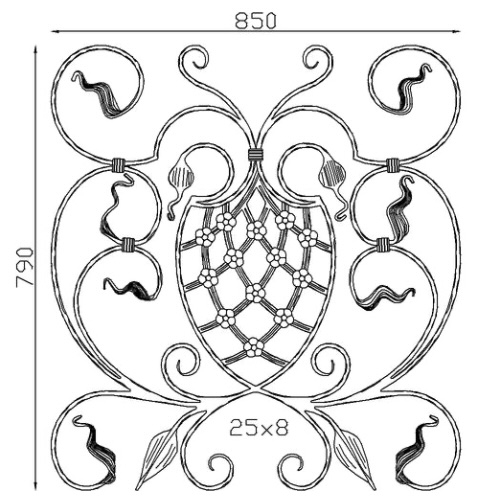 Panneau droit décoratif composé de volutes, feuilles et d'un motif central, en fer forgé martelé grenaillé. Hauteur 790mm et Largeur 850mm avec profilé en fer plat lisse de 25x8mm. Ce panneau décoratif rampant, son utilisation est multiple: balcon, terrasse, balustrade... Fixation par soudure. Fourni brute, à peindre ou à vernir pour le protéger de la corrosion. Utilisation intérieure ou extérieure. Existe en version rampant, référence 15300.