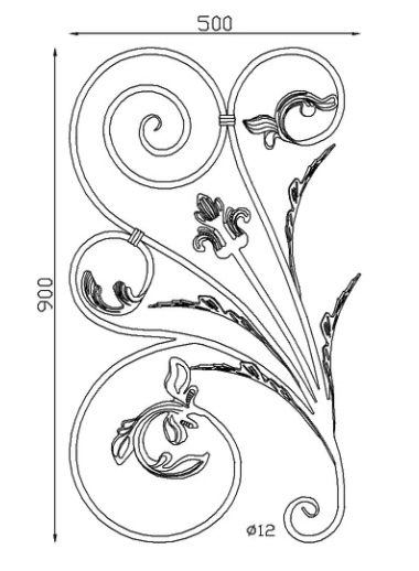 Panneau décoratif composé de nombreuses volutes avec finition feuilles, double face. Hauteur 900mm et Largeur 500mm avec profilé en rond de diamètre 12mm. Ce panneau décoratif peut être présenté à l'horizontale ou à la verticale, son utilisation est multiple: balcon, terrasse, fenêtre, balustrade... Fixation par soudure. Fourni grenaillé, à peindre ou à vernir.