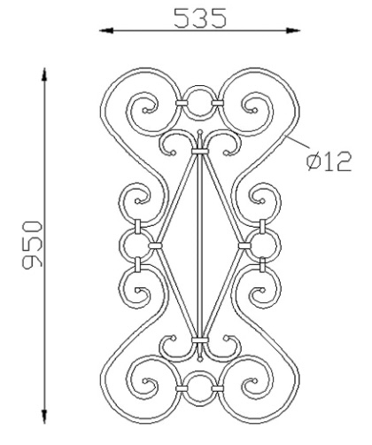 Panneau décoratif composé de 6 volutes finition boule, 4 ronds et un fer finition finition boule, en fer forgé lisse grenaillé. Hauteur 950mm et Largeur 535mm avec profilé en rond de diamètre 12mm. Ce panneau décoratif peut être présenté à l'horizontale ou à la verticale, son utilisation est multiple: balcon, terrasse, fenêtre, balustrade... Fixation par soudure. Fourni brute, à peindre ou à vernir pour le protéger de la corrosion. Utilisation intérieure ou extérieure.