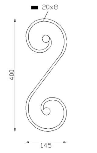 Volute en S finition à noyau, en fer forgé. Hauteur 400mm largeur 145mm profilé en fer plat de 20x8mm. Fixation par soudure. Permet de décorer votre fabrication en fer forgé, portail, clôture, pergola, mais également permet de renforcer la sécurité, en diminuant le vide entre barreau, ou d'augmenter le soutien. Fourni brut, à peindre ou à vernir pour protéger contre la corrosion.