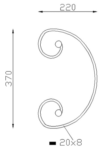 Volute en C finition noyau, en fer forgé grenaillé. Hauteur 370mm Largeur 220mm section en fer plat de 20x8mm. Fixation par soudure. Permet de décorer votre fabrication en fer forgé, portail, clôture, pergola, mais également permet de renforcer la sécurité, en diminuant le vide entre barreau, ou d'augmenter le soutien. Fourni brut, à peindre ou à vernir pour protéger contre la corrosion. Peut être présentée à l'horizontal ou à la vertical.