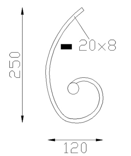 Demi volute finition à noyau, en fer forgé. Hauteur 250mm largeur 120mm profilé en fer plat de 20x8mm. Fixation par soudure. Permet de décorer votre fabrication en fer forgé, portail, clôture, pergola, mais également permet de renforcer la sécurité, en diminuant le vide entre barreau, ou d'augmenter le soutien. Fourni brut, à peindre ou à vernir pour protéger contre la corrosion.