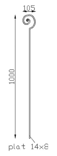 Finition pour panneau art déco voluptueux, en acier. Hauteur 1000mm largeur 105mm, section en fer plat de 14x8mm. Permet de réaliser des clôtures, des rambardes, des gardes corps, par exemple. Utilisation en intérieur comme en extérieur. Fourni brut, à peindre ou à vernir pour le protéger contre la corrosion. Produit lié <b>au panneau 15726</b>.