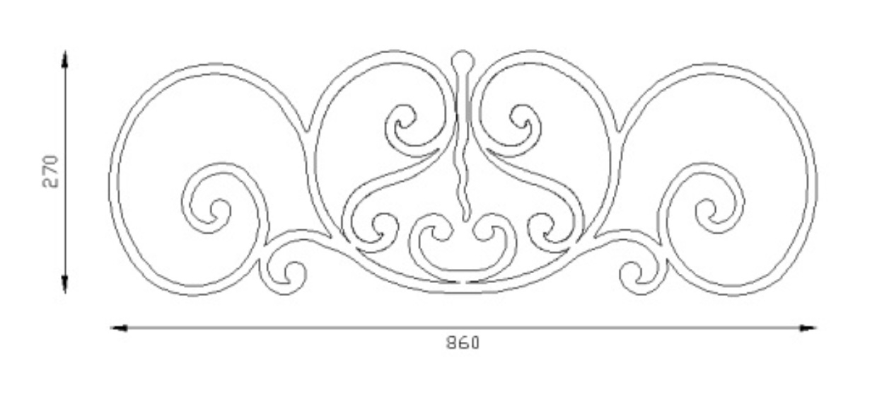 Panneau décoratif composé de volutes grenaillées avec finition à noyau. Hauteur 860mm et Largeur 270mm avec profilé en carré grenaillé de 12x12mm. Ce panneau décoratif peut être présenté à l'horizontale ou à la verticale, son utilisation est multiple: balcon, terrasse, fenêtre, balustrade... Fixation par soudure. Fourni brute, à peindre ou à vernir pour le protéger de la corrosion. Utilisation intérieure ou extérieure.