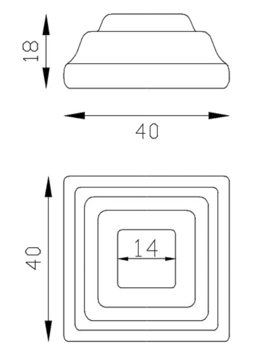 Cache scellement pour barreau carré de largeur 14mm, en fer forgé. Largeur de la base 40mm Longueur de la base 40mm Hauteur 18mm. Fixation par soudure. Cet habillage de la base du barreau permet de cacher les soudures ou le scellement, il apportera un raffinement à votre fabrication par ce détail de finition. Cache scellement estampé formant trois marches. Livré brut, prêt à peindre ou à vernir. D'autres dimensions existent.