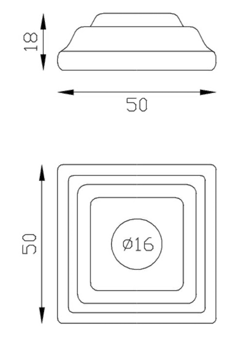 Cache scellement pour barreau rond de Ø16mm, en fer forgé. Largeur de la base 50mm Longueur de la base 50mm Hauteur 18mm. Fixation par soudure. Cet habillage de la base du barreau permet de cacher les soudures ou le scellement, il apportera un raffinement à votre fabrication par ce détail de finition. Cache scellement estampé formant trois marches. Livré brut, prêt à peindre ou à vernir. D'autres dimensions existent.