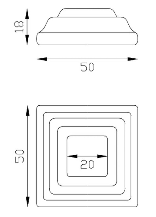 Cache scellement pour barreau carré de largeur 20mm, en fer forgé. Largeur de la base 50mm Longueur de la base 50mm Hauteur 18mm. Fixation par soudure. Cet habillage de la base du barreau permet de cacher les soudures ou le scellement, il apportera un raffinement à votre fabrication par ce détail de finition. Cache scellement estampé formant trois marches. Livré brut, prêt à peindre ou à vernir. D'autres dimensions existent.