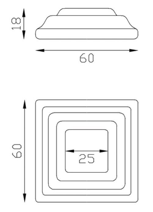 Cache scellement pour barreau carré de largeur 25mm, en fer forgé. Largeur de la base 60mm Longueur de la base 60mm Hauteur 18mm. Fixation par soudure. Cet habillage de la base du barreau permet de cacher les soudures ou le scellement, il apportera un raffinement à votre fabrication par ce détail de finition. Cache scellement estampé formant trois marches. Livré brut, prêt à peindre ou à vernir. D'autres dimensions existent.