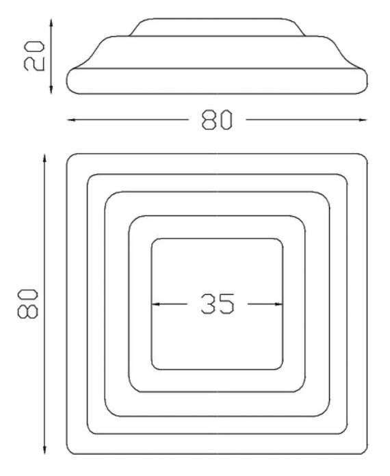 Cache scellement pour barreau carré de largeur 35mm, en fer forgé. Largeur de la base 80mm Longueur de la base 80mm Hauteur 20mm. Fixation par soudure. Cet habillage de la base du barreau permet de cacher les soudures ou le scellement, il apportera un raffinement à votre fabrication par ce détail de finition. Cache scellement estampé formant trois marches. Livré brut, prêt à peindre ou à vernir. D'autres dimensions existent.