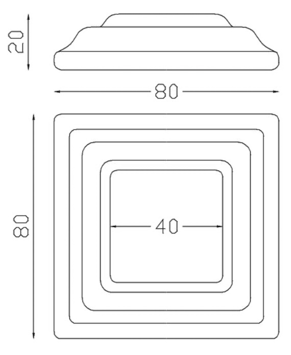 Cache scellement pour barreau carré de largeur 40mm, en fer forgé. Largeur de la base 80mm Longueur de la base 80mm Hauteur 20mm. Fixation par soudure. Cet habillage de la base du barreau permet de cacher les soudures ou le scellement, il apportera un raffinement à votre fabrication par ce détail de finition. Cache scellement estampé formant trois marches. Livré brut, prêt à peindre ou à vernir. D'autres dimensions existent.