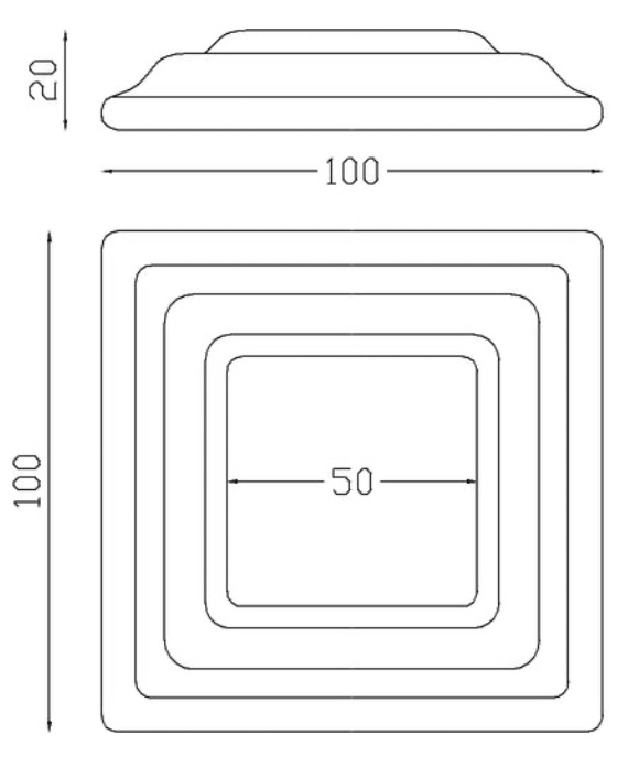 Cache scellement pour barreau carré de largeur 50mm, en fer forgé. Largeur de la base 100mm Longueur de la base 100mm Hauteur 20mm. Fixation par soudure. Cet habillage de la base du barreau permet de cacher les soudures ou le scellement, il apportera un raffinement à votre fabrication par ce détail de finition. Cache scellement estampé formant trois marches. Livré brut, prêt à peindre ou à vernir. D'autres dimensions existent.