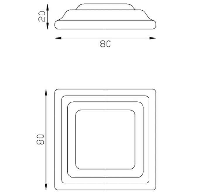 Platine carré pour poteau de départ, en fer forgé. Largeur 80mm Longueur 80 Hauteur 20mm. Fixation par soudure. Cet habillage de la base du barreau permet fixer votre poteau au sol, il apportera un raffinement à votre fabrication par ce détail de finition. Platine estampée formant trois marches. Livrée brut, prêt à peindre ou à vernir. D'autres dimensions existent.