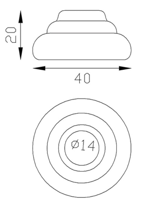 Cache scellement pour barreau d'un diamètre de 14mm, en fer forgé. Diamètre de la base 40mm Hauteur 20mm. Fixation par soudure. Cet habillage de la base du barreau permet de cacher les soudures ou le scellement, il apportera un raffinement à votre fabrication par ce détail de finition. Cache scellement estampé formant trois marches. Livré brut, prêt à peindre ou à vernir. D'autres dimensions existent.