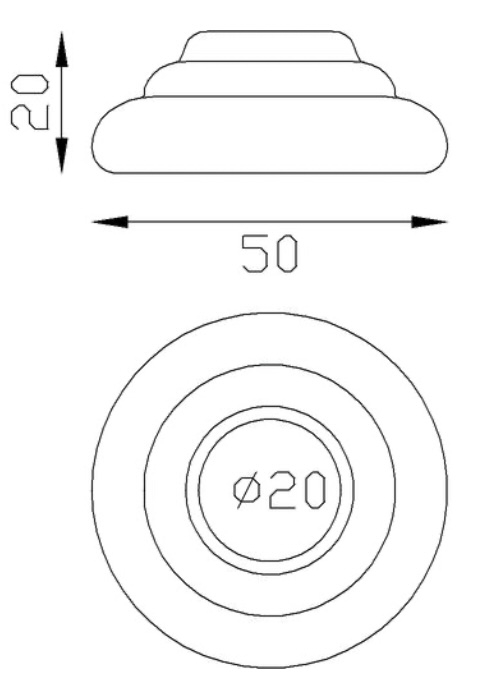 Cache scellement pour barreau d'un diamètre de 20mm, en fer forgé. Diamètre de la base 50mm Hauteur 20mm. Fixation par soudure. Cet habillage de la base du barreau permet de cacher les soudures ou le scellement, il apportera un raffinement à votre fabrication par ce détail de finition. Cache scellement estampé formant trois marches. Livré brut, prêt à peindre ou à vernir. D'autres dimensions existent.