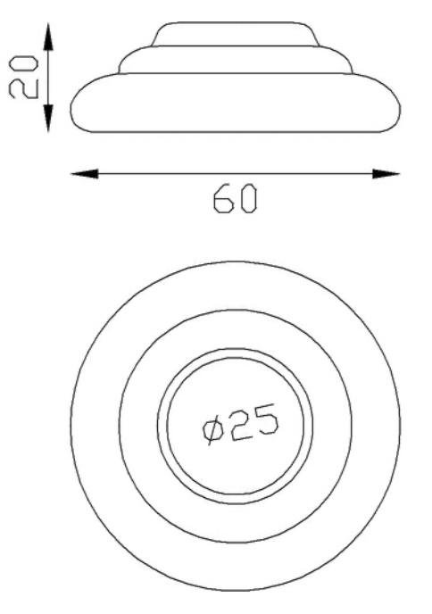 Cache scellement pour barreau d'un diamètre de 25mm, en fer forgé. Diamètre de la base 60mm Hauteur 20mm. Fixation par soudure. Cet habillage de la base du barreau permet de cacher les soudures ou le scellement, il apportera un raffinement à votre fabrication par ce détail de finition. Cache scellement estampé formant trois marches. Livré brut, prêt à peindre ou à vernir. D'autres dimensions existent.