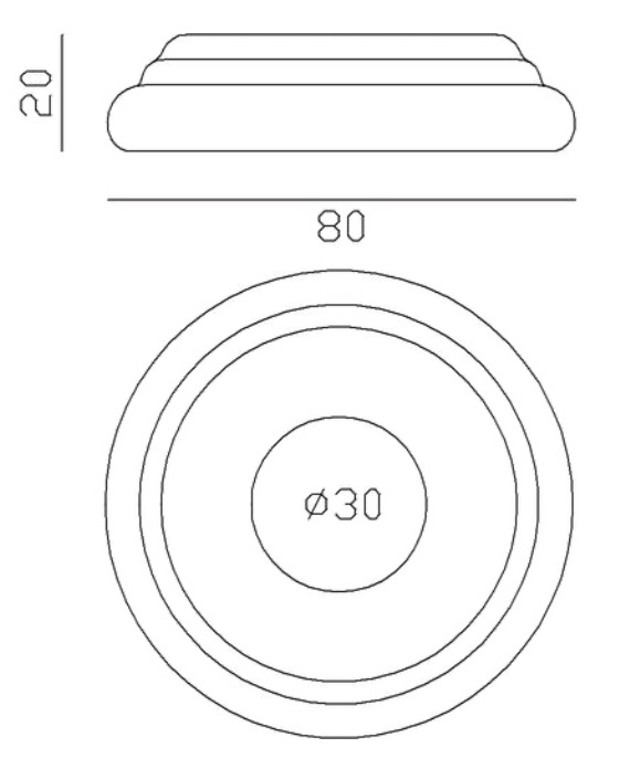 Cache scellement pour barreau d'un diamètre de 30mm, en fer forgé. Diamètre de la base 80mm Hauteur 20mm. Fixation par soudure. Cet habillage de la base du barreau permet de cacher les soudures ou le scellement, il apportera un raffinement à votre fabrication par ce détail de finition. Cache scellement estampé formant trois marches. Livré brut, prêt à peindre ou à vernir. D'autres dimensions existent.