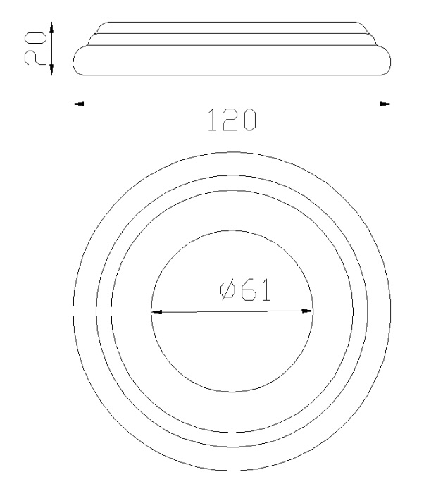 Cache scellement pour poteau d'un diamètre de 60mm, en fer forgé. Diamètre de la base 120mm Hauteur 20mm. Fixation par soudure. Cet habillage de la base du barreau permet de cacher les soudures ou le scellement, il apportera un raffinement à votre fabrication par ce détail de finition. Cache scellement estampé formant trois marches. Livré brut, prêt à peindre ou à vernir. D'autres dimensions existent.