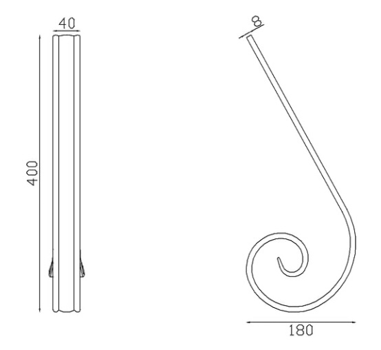 Départ ou arrivée de main courante pleine lisse avec extrémité en queue de carpe, en fer forgé. Hauteur 180mm Longueur 400mm largeur 40mm et épaisseur 8mm. Element de finition idéal pour votre rampe d'escalier ou votre garde corps, par exemple, avec une utilisation aussi bien en intérieur qu'en extérieur. Fixation pour soudure. Fournie brut, à peindre ou à vernir avec un produit adapté contre la corrosion. Compatible avec la main courante de référence 18011.