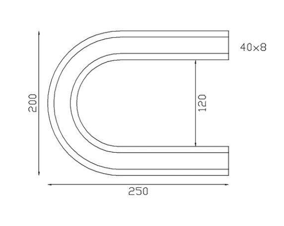 Angle pré-formé en fer forgé à souder. Pour un virage à 180°. Vide intérieur de 120mm. Section en plat de 40mm de large par 8mm d’épaisseur. Hauteur de 250mm et largeur de 200mm. Lisse à double rainure. Fabriquée sans gorge pour souder directement les barreaux ou panneaux en fer forgé dessous. Faire attention de bien choisir des produits avec le même style de finition et section pour un assemblage homogène. Compatible avec la main courante 18011.