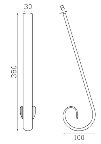 Départ ou arrivée de main courante pleine lisse bombée extrémité en queue de carpe, en fer forgé. Hauteur 100mm Longueur380mm largeur 30mm et épaisseur 8mm. Element de finition idéal pour votre rampe d'escalier ou votre garde corps, par exemple, avec une utilisation aussi bien en intérieur qu'en extérieur. Fixation pour soudure. Fournie brut, à peindre ou à vernir avec un produit adapté contre la corrosion. Compatible avec la main courante de référence 18021.