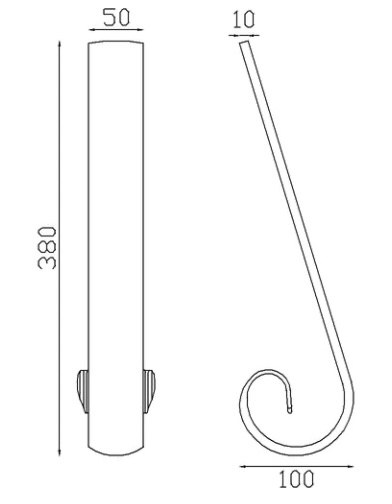 Départ ou arrivée de main courante pleine lisse avec extrémité en queue de carpe, en fer forgé. Hauteur 100mm Longueur 380mm largeur 50mm et épaisseur 10mm. Element de finition idéal pour votre rampe d'escalier ou votre garde corps, par exemple, avec une utilisation aussi bien en intérieur qu'en extérieur. Fixation pour soudure. Fournie brut, à peindre ou à vernir avec un produit adapté contre la corrosion. Compatible avec la main courante de référence 18023.