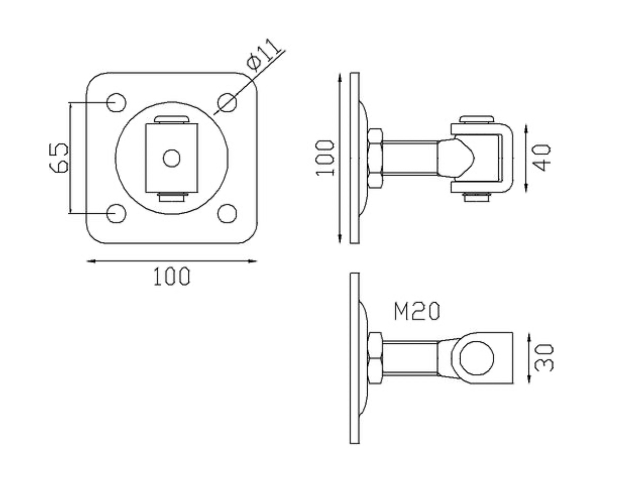 Gond sur platine avec écrou qui permet le réglage horizontal du portail à battant. Platine carrée de longueur 100mm, entre axe des 4 perçages 65mm, tige filetée en M20. Fixation côté portail sur tube de largeur minimum de 40mm et côté support à visser par 4 vis (non fournis). Les gonds sont indissociables des crapaudines ou des pivots qui permettent de faire pivoter le battant sur son axe.