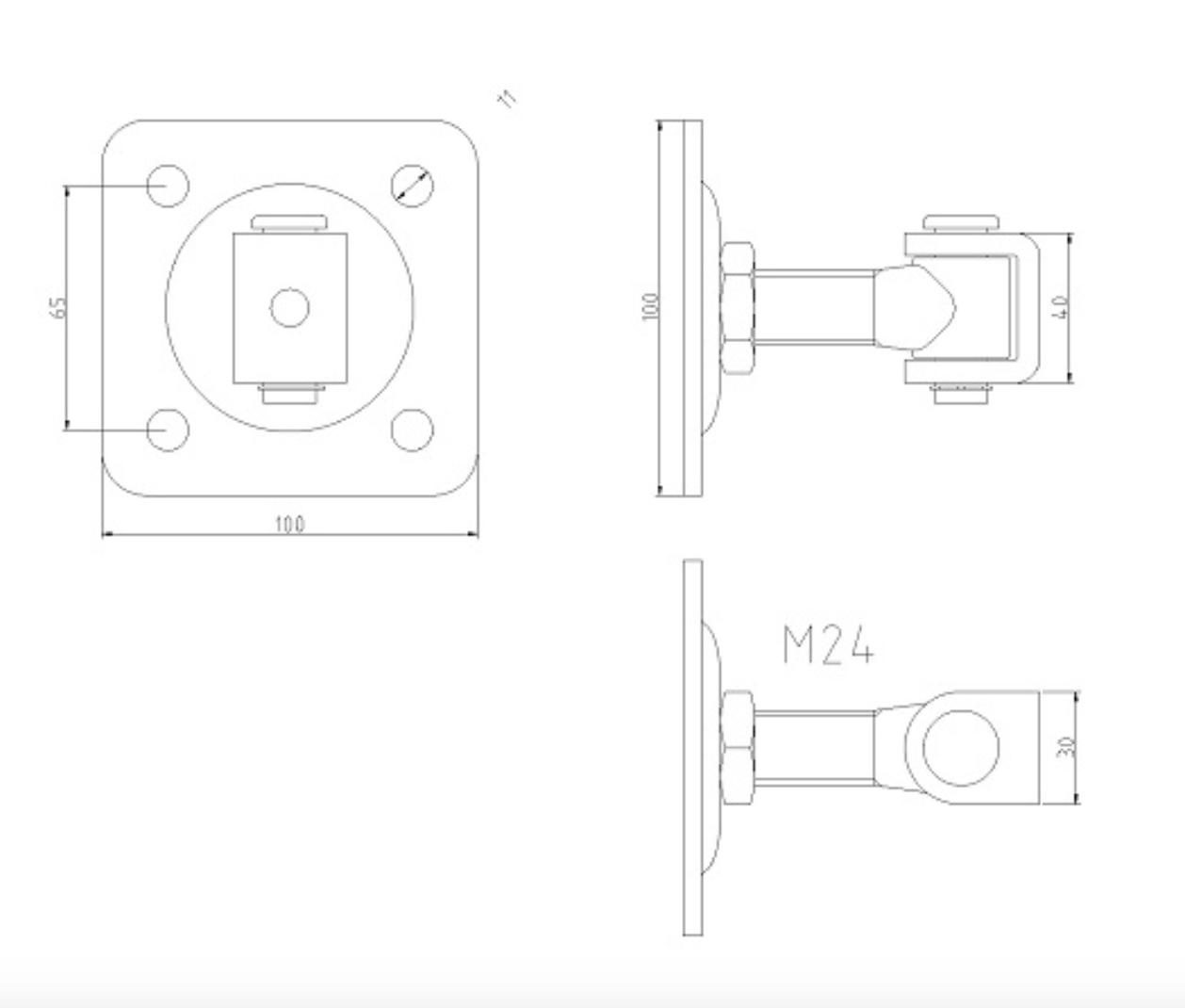 Gond sur platine avec écrou qui permet le réglage horizontal du portail à battant. Platine carrée de longueur 100mm, entre axe des 4 perçages 65mm, tige filetée en M24. Fixation côté portail sur tube de largeur minimum de 40mm et côté support à visser par 4 vis (non fournis). Les gonds sont indissociables des crapaudines ou des pivots qui permettent de faire pivoter le battant sur son axe.