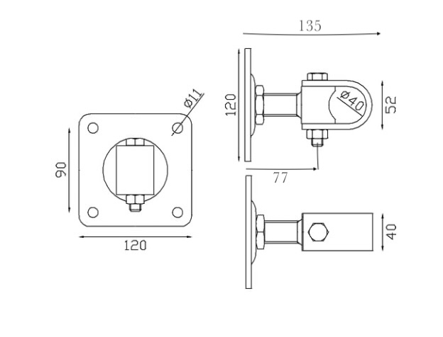 Gond sur platine avec écrou qui permet le réglage horizontal du portail à battant. Platine de longueur 90mm, entre axe des 4 perçages 65mm, tige filetée en M22. Fixation côté portail convient pour axe de diamètre 34mm (référence 19132) et côté support à visser par 4 vis (non fournis). Les gonds sont indissociables des crapaudines ou des pivots qui permettent de faire pivoter le battant sur son axe.