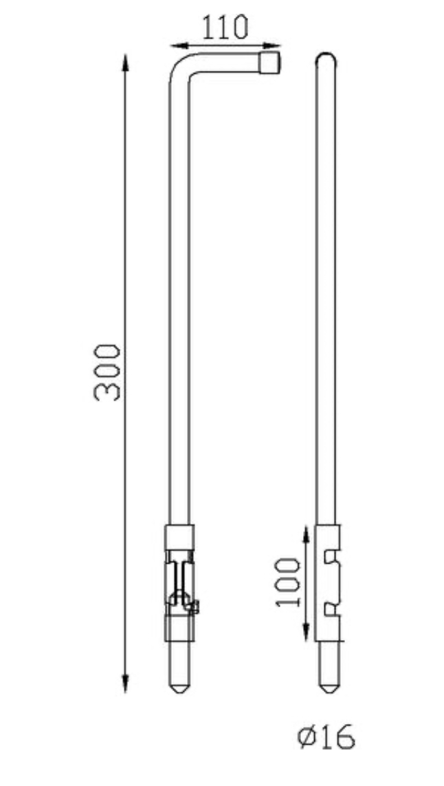 Verrou en forme de pistolet de diamètre 16mm et hauteur 300mm. A souder. Zingué