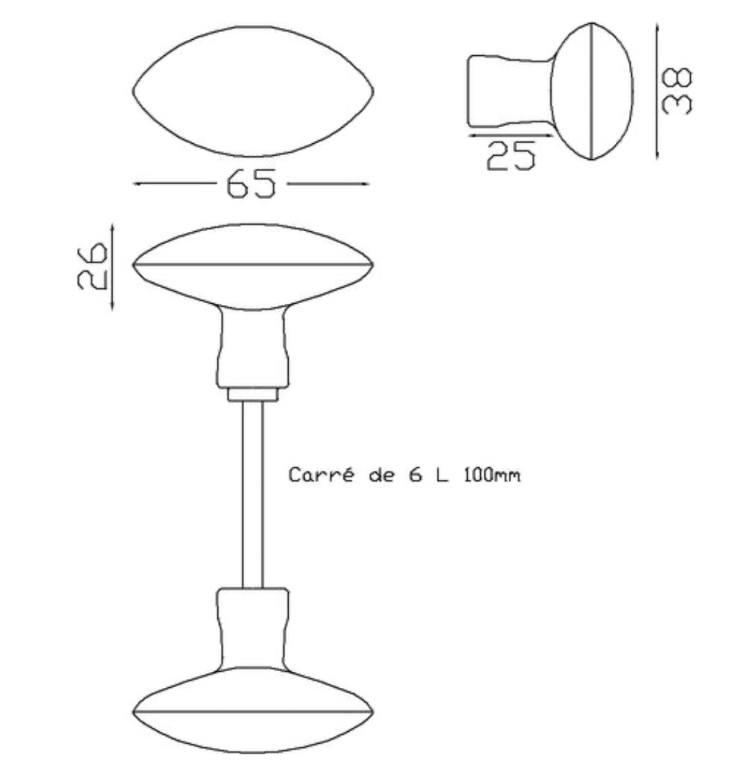 Bouton double aluminium ovale. Jeu de béquilles livrée avec une tige carré de 6x6mm. Finition epoxy noir