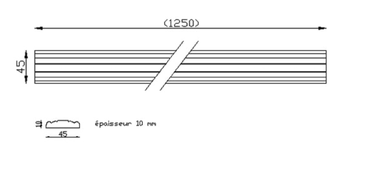 Profil mouluré en aluminium. Longueur 1250mm largeur 45mm épaisseur 10mm. Utilisation pour ornement de votre soubassement de portail, par exemple. Fixation par soudure ou vissage avec taraudage à faire par vos soins. Fourni brute, à peindre ou à vernir. L'aluminium est reconnu pour sa légèreté et son absence de rouille. À utiliser avec l'article 20451 