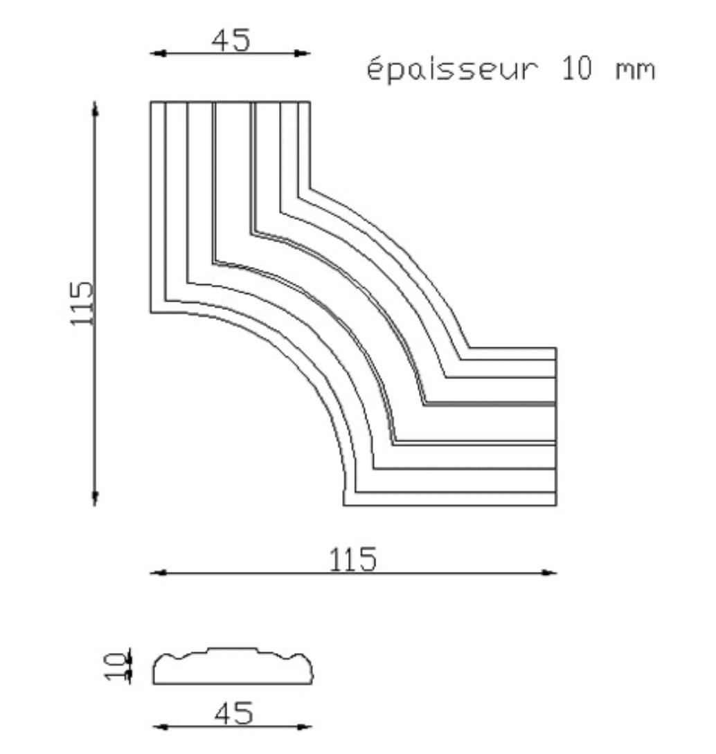 Décor d'angle mouluré en aluminium. Hauteur 115mm largeur 45mm épaisseur 10mm. Utilisation pour ornement de votre soubassement de portail, par exemple. Fixation par soudure ou vissage avec taraudage à faire par vos soins. Fourni brute, à peindre ou à vernir. L'aluminium est reconnu pour sa légèreté et son absence de rouille. À utiliser avec l'article 20450