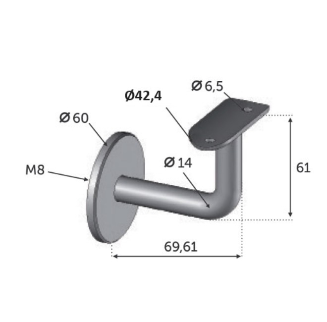 Support mural de main courante ronde, fixe de 90 degrés. Longueur 69,61mm Hauteur 61mm, platine ronde de diamètre 60mm, compatible avec des tubes ronds 42,4mm en inox ou en bois. En inox 316. À sceller au mur grâce à un taraudage pour tige filetée M8, et à visser à la main courante grâce à 2 trous de diamètre 6,5mm (visserie non fournie). Permet d'être utilisé en intérieur comme en extérieur et même en bord de mer. Existe en version inox 304 (ref 30105).