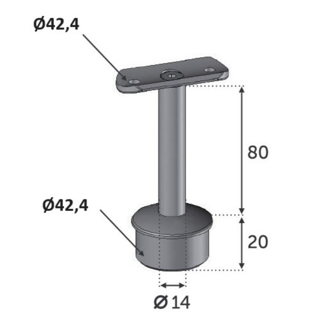 Support de main courante ronde, fixe et droit. Longueur 80mm longueur du manchon 20mm diamètre 42,4mm, compatible avec des tubes de diamètre extérieur de 42,4mm en inox ou en bois. En inox 304. À manchonner dans le tube support, et à visser à la main courante grâce à 2 trous de diamètre 6,5mm (visserie non fournie). Permet d'être utilisée en intérieur comme en extérieur et même en bord de mer. Existe en version inox 316 ( ref 3020016) et en version réglable (ref 30230).