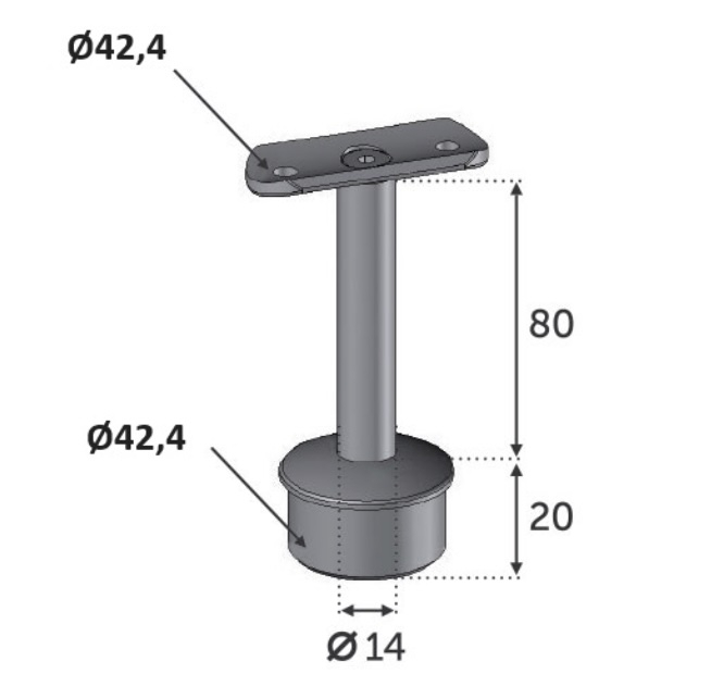 Support de main courante ronde, fixe et droit. Longueur 80mm longueur du manchon 20mm diamètre 42,4mm, compatible avec des tubes de diamètre extérieur de 42,4mm en inox ou en bois. En inox 316. À manchonner dans le tube support, et à visser à la main courante grâce à 2 trous de diamètre 6,5mm (visserie non fournie). Permet d'être utilisée en intérieur comme en extérieur et même en bord de mer. Existe en version inox 304 ( ref 30200) et en version réglable (ref 3023016).