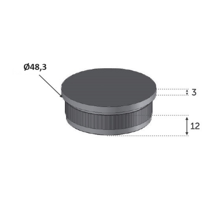 Finition pour tube rond de diamètre 48,3mm, bouchon, effet plat. Hauteur visible 3mm hauteur totale 15mm, largeur 48,3mm. En inox 304. À insérer dans le tube et à coller (colle non fournie). Permet d'être utilisé en intérieur comme en extérieur et même en bord de mer. Existe en version Ø42,4mm (ref 30300).