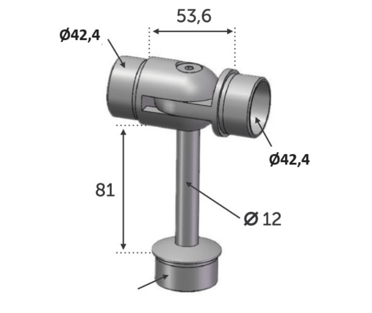 Connecteur d'angle en T de main courante ronde, réglable à l'horizontal, pour deux tubes. Longueur 53,6mm, hauteur visible 81mm, compatible avec des tubes ronds en inox de diamètre 42,4mm. En inox 316. À manchonner dans les tubes et à coller avec une colle bi composant. Préconisé pour un usage en intérieur, ne pas utilisé en bord de mer.