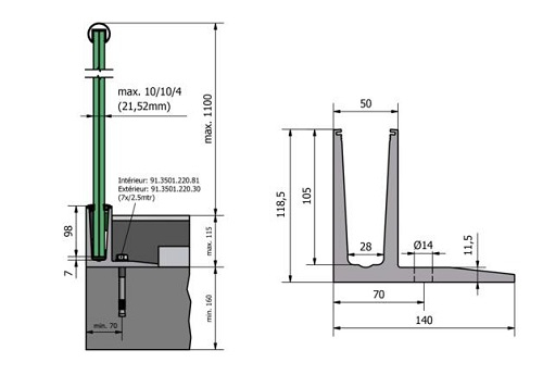 Profil aluminium anodisé montage décalé sur dalle - Verre de 12,76 mm a 21,52 mm  Long 2500 mm . Ce modèle convient parfaitement pour les balcons et les terrasses. Il peut être mis en place à une distance particulièrement faible du bord, ce qui permet de gagner de la place. La stabilité est excellente. Utilisable en intérieur comme en extérieur, il résiste aux charges linéaires d’1 kN et convient aux épaisseurs de verre comprise entre 12,76 et 21,52 mm.  Ce profil aluminium, avec finition satinée est destiné à être fixé au sol avec scellements décalés. Il est percé de 13 trous espacés de 200mm pour une fixation au travers du profil dans le sol 