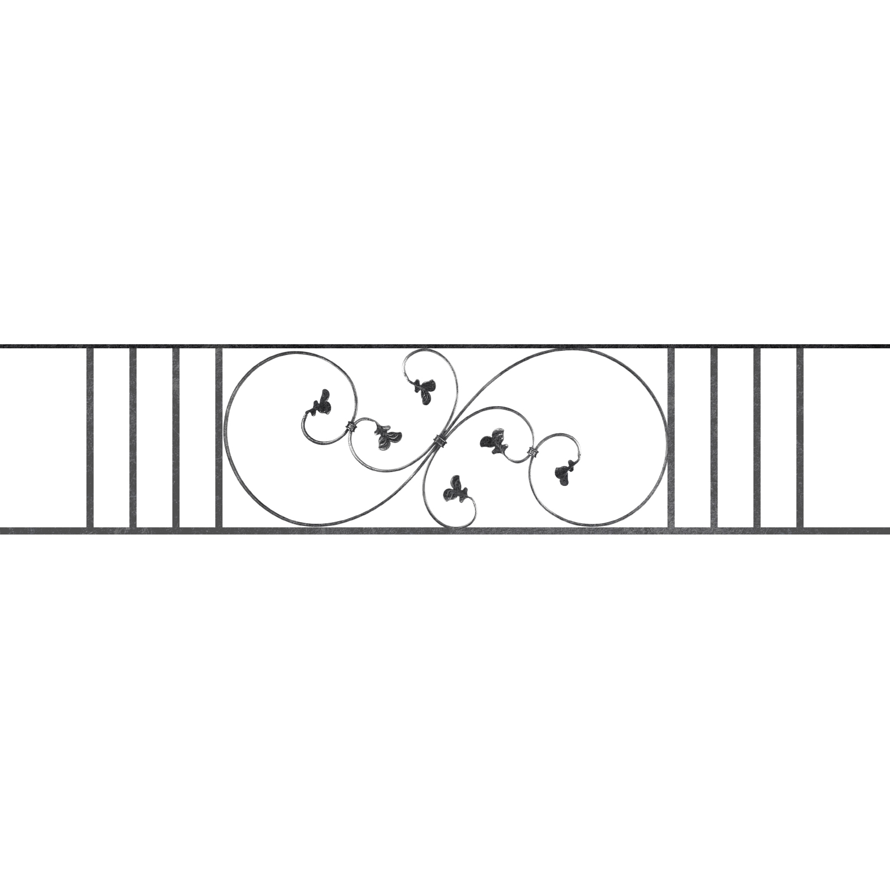 Appui de fenêtre type AF001 à sceller dans votre tableau de fenêtre. Longueur finie de 1740mm et Hauteur finie de 372mm. Convient pour les tableaux de fenêtre de 1640mm. 50mm de scellement sont prévue de chaque côté. Main courante laminée de 1640mm de long en fer forgé sur le dessus. Motif au centre de 870mm de long par 350mm de haut. Le reste de la structure est en acier carré plein de 14mm de section.