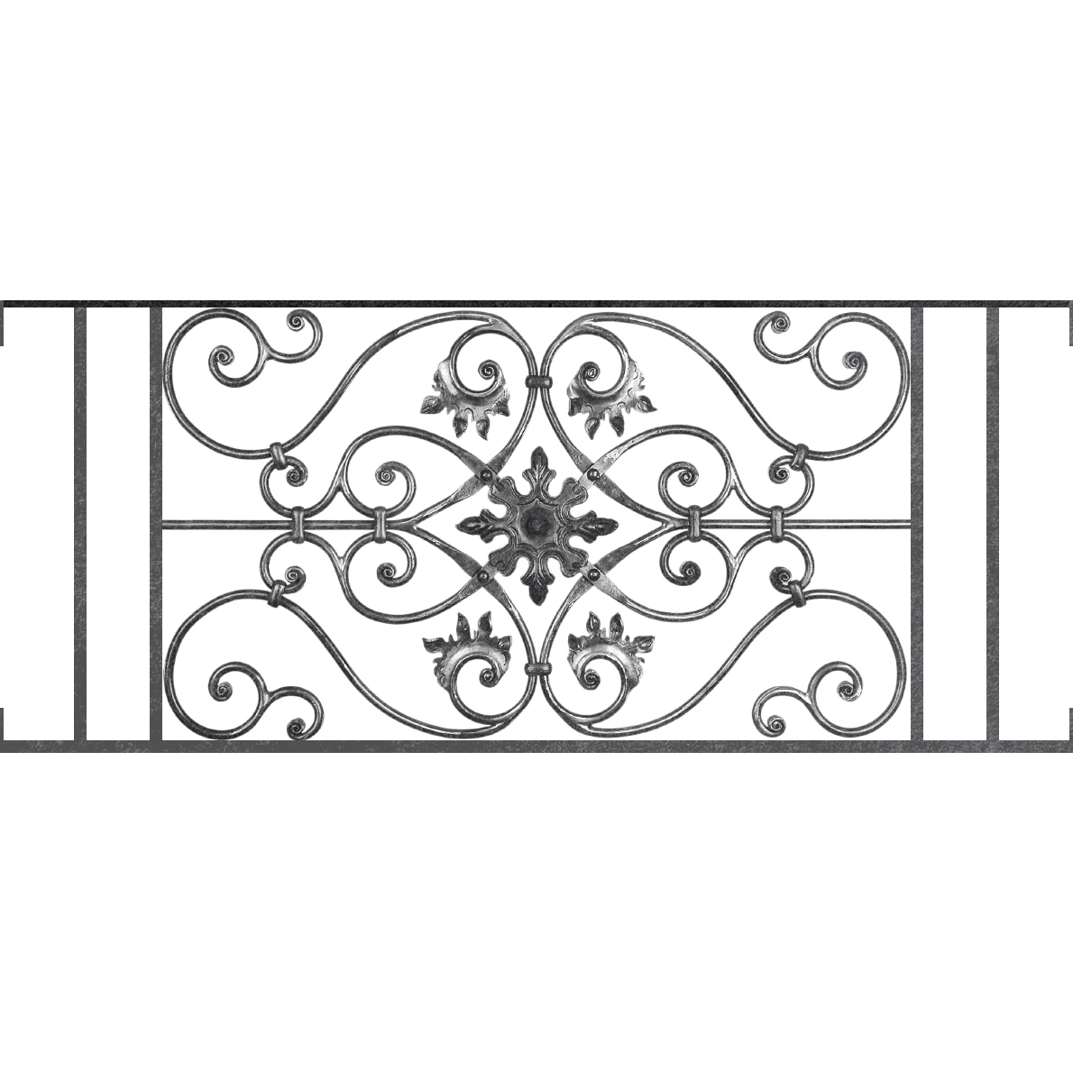 Appui de fenêtre type AF002 à visser dans votre tableau de fenêtre. Longueur finie de 1190mm et Hauteur finie de 502mm. Convient pour les tableaux de fenêtre de 1190mm. Main courante laminée de 1190mm de long en fer forgé sur le dessus. Motif au centre de 830mm de long par 480mm de haut. Le reste de la structure est en acier carré plein de 14mm de section.