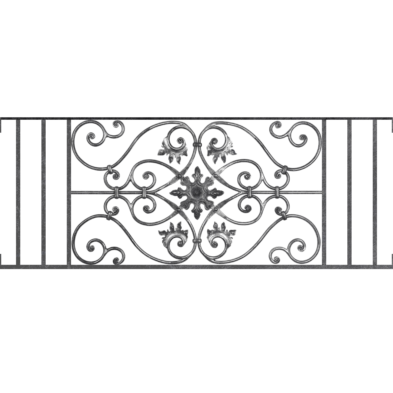 Appui de fenêtre type AF002 à visser dans votre tableau de fenêtre. Longueur finie de 1300mm et Hauteur finie de 502mm. Convient pour les tableaux de fenêtre de 1300mm. Main courante laminée de 1300mm de long en fer forgé sur le dessus. Motif au centre de 830mm de long par 480mm de haut. Le reste de la structure est en acier carré plein de 14mm de section.