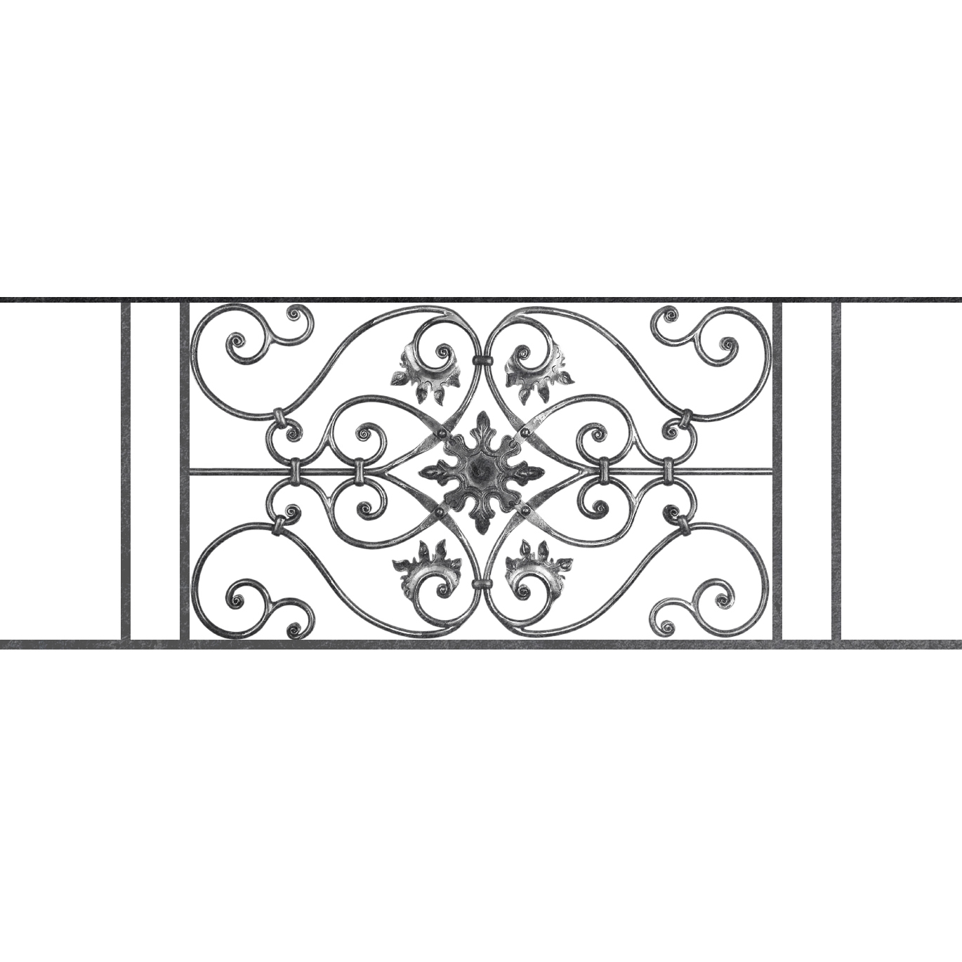 Appui de fenêtre type AF002 à sceller dans votre tableau de fenêtre. Longueur finie de 1370mm et Hauteur finie de 502mm. Convient pour les tableaux de fenêtre de 1270mm. 50mm de scellement sont prévue de chaque côté. Main courante laminée de 1270mm de long en fer forgé sur le dessus. Motif au centre de 830mm de long par 480mm de haut. Le reste de la structure est en acier carré plein de 14mm de section.