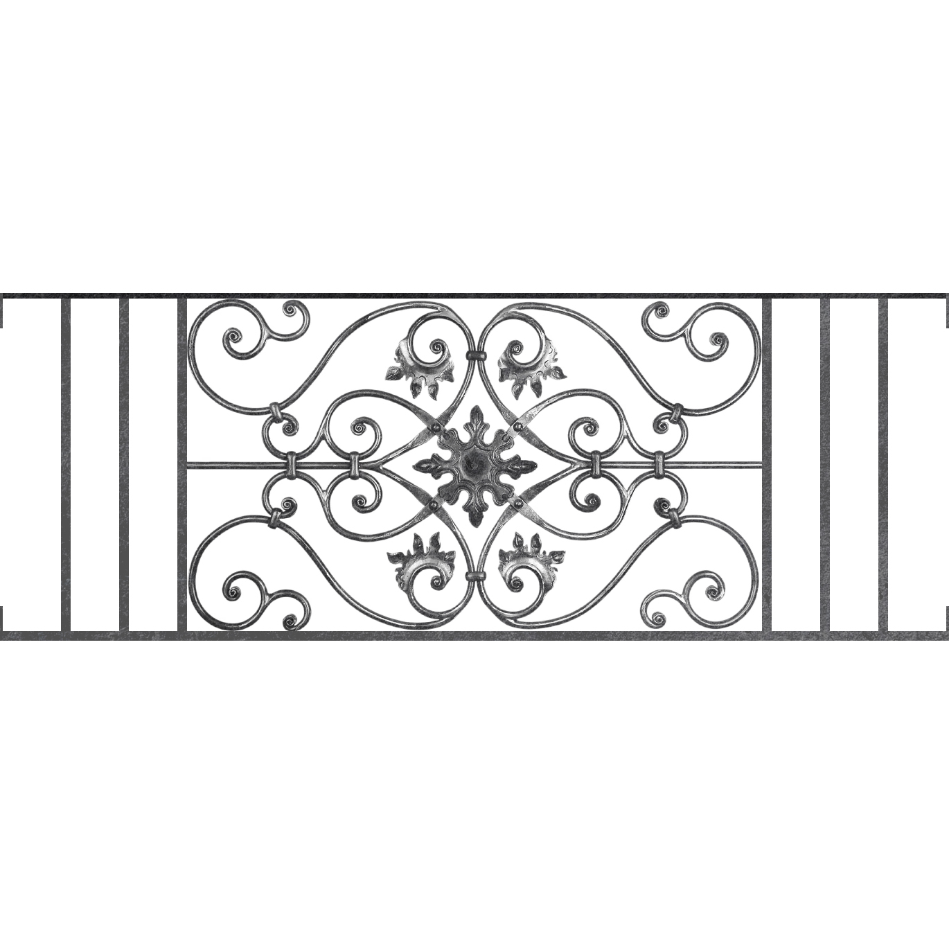 Appui de fenêtre type AF002 à visser dans votre tableau de fenêtre. Longueur finie de 1370mm et Hauteur finie de 502mm. Convient pour les tableaux de fenêtre de 1370mm. Main courante laminée de 1370mm de long en fer forgé sur le dessus. Motif au centre de 830mm de long par 480mm de haut. Le reste de la structure est en acier carré plein de 14mm de section.