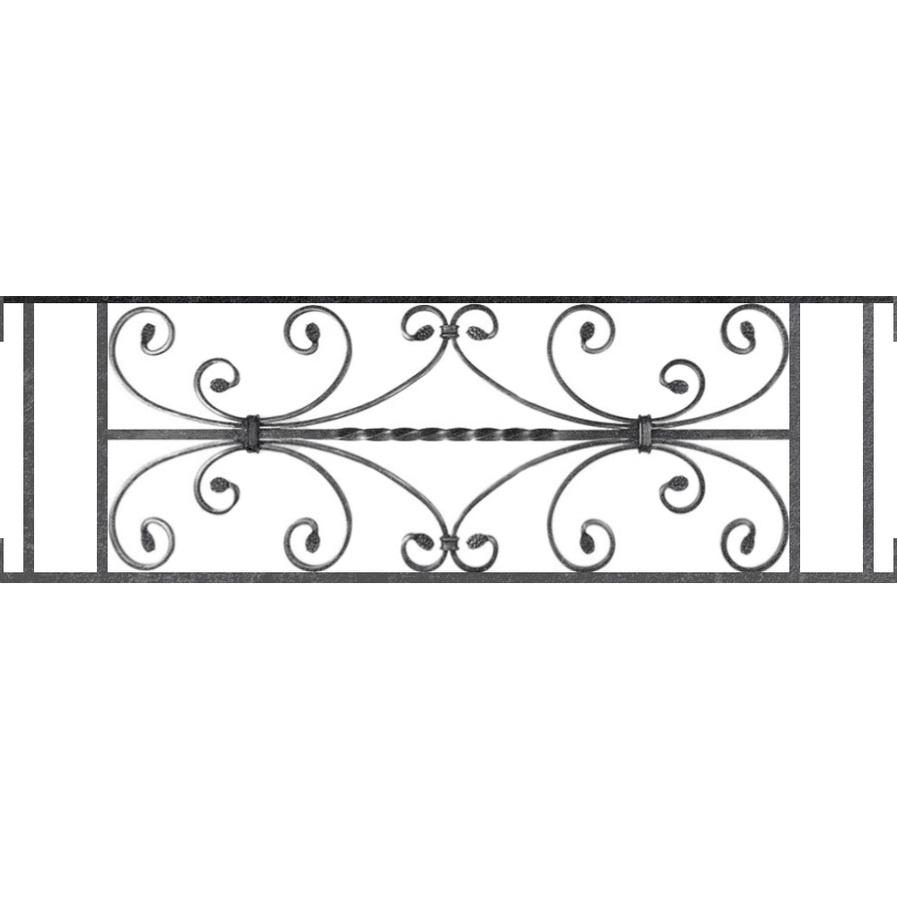 Appui de fenêtre type AF003 à visser dans votre tableau de fenêtre. Longueur finie de 1000mm et Hauteur finie de 320mm. Convient pour les tableaux de fenêtre de 1000mm. Main courante laminée de 1000mm de long en fer forgé sur le dessus. Motif au centre de 760mm de long par 300mm de haut. Le reste de la structure est en acier carré plein de 12mm de section.