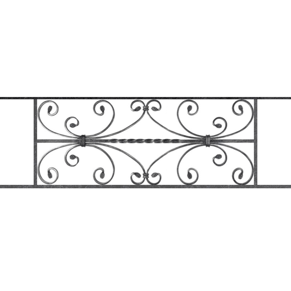 Appui de fenêtre type AF003 à sceller dans votre tableau de fenêtre. Longueur finie de 1020mm et Hauteur finie de 320mm. Convient pour les tableaux de fenêtre de 920mm. 50mm de scellement sont prévue de chaque côté. Main courante laminée de 920mm de long en fer forgé sur le dessus. Motif au centre de 760mm de long par 300mm de haut. Le reste de la structure est en acier carré plein de 12mm de section.