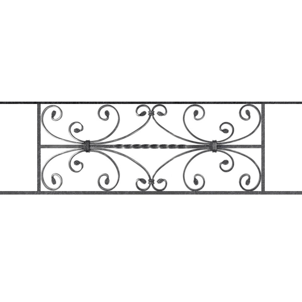 Appui de fenêtre type AF003 à sceller dans votre tableau de fenêtre. Longueur finie de 1040mm et Hauteur finie de 320mm. Convient pour les tableaux de fenêtre de 940mm. 50mm de scellement sont prévue de chaque côté. Main courante laminée de 940mm de long en fer forgé sur le dessus. Motif au centre de 760mm de long par 300mm de haut. Le reste de la structure est en acier carré plein de 12mm de section.