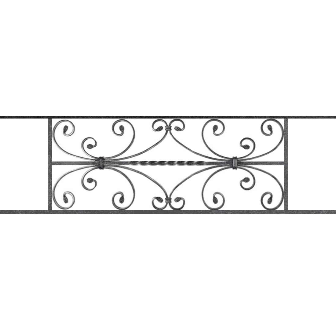 Appui de fenêtre type AF003 à sceller dans votre tableau de fenêtre. Longueur finie de 1100mm et Hauteur finie de 320mm. Convient pour les tableaux de fenêtre de 1000mm. 50mm de scellement sont prévue de chaque côté. Main courante laminée de 1000mm de long en fer forgé sur le dessus. Motif au centre de 760mm de long par 300mm de haut. Le reste de la structure est en acier carré plein de 12mm de section.